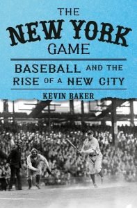 book cover with top half in a light blue background and lower half a black and white photo of a baseball stadium